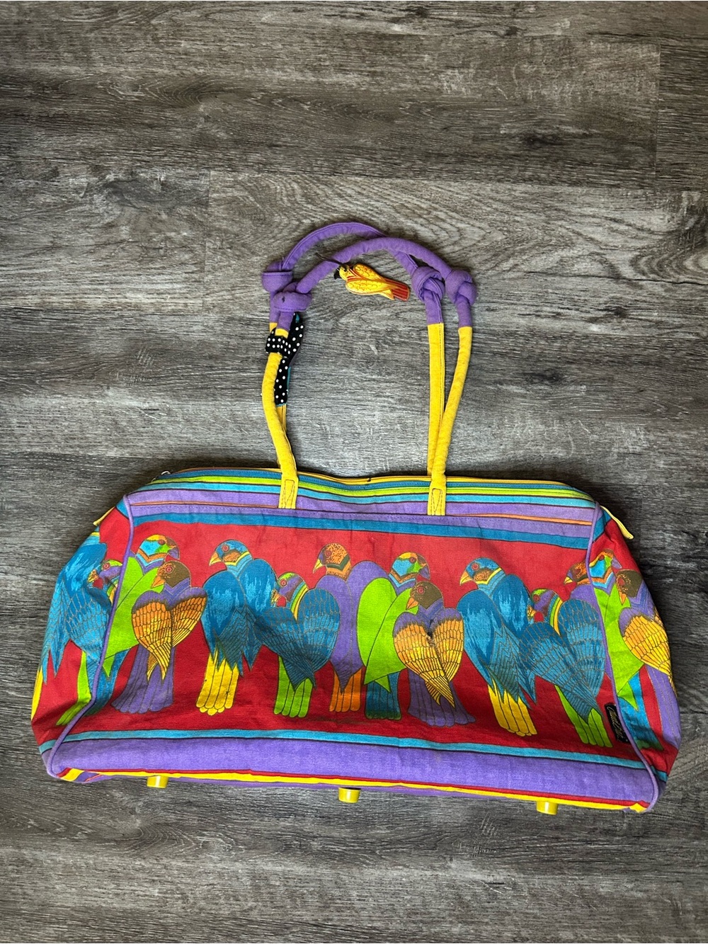 Colorful Heart-Parrot Printed Tote Bag in Red, Purple & Yellow